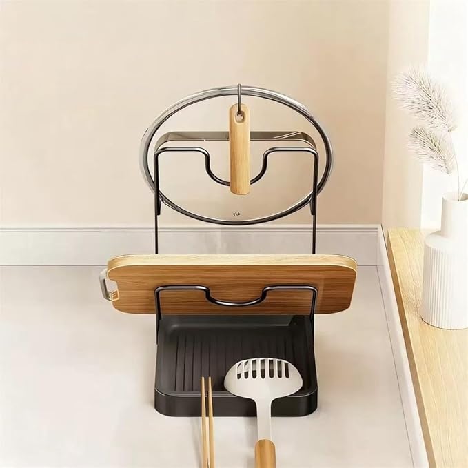 Kitchen Pot Lid Storage Rack with Spoon Rest and Rag Holder, Rust-Resistant Carbon Steel Lid Holder,Space-Saving Multifunctional Kitchen Organizer Stand For Pots, Pans(Grey)