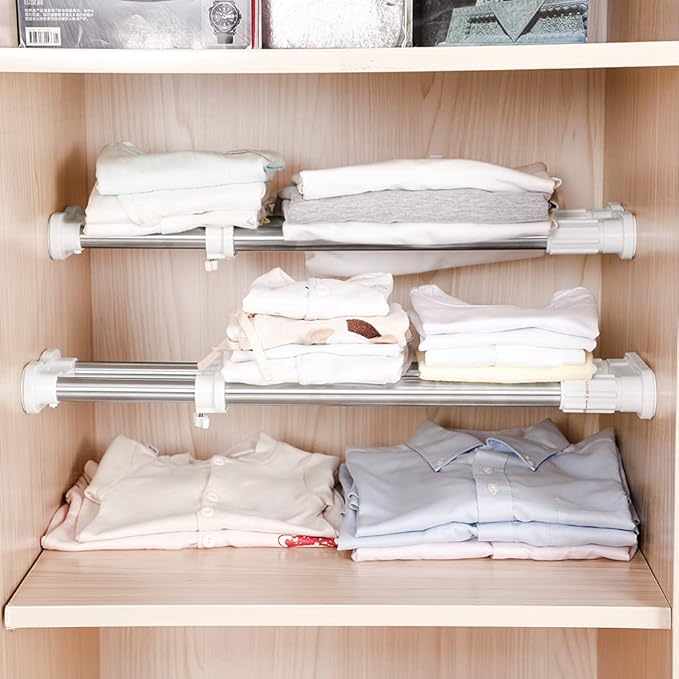 Hershii 2 Pack Expandable Closet Shelf Tension Rod Adjustable Metal Storage Rack Hanger Cabinet Organizer DIY Divider Separator for Wardrobe Cupboard Kitchen Bathroom, Ivory, 17.72-27.56 IN