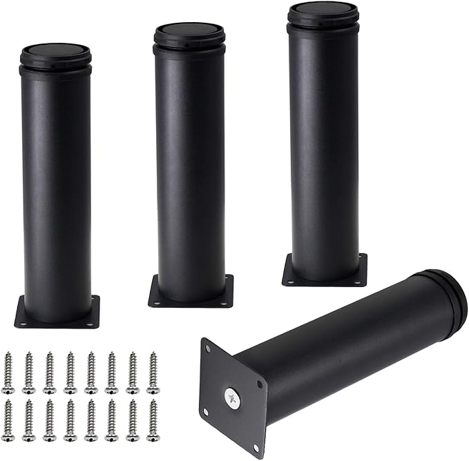 Set of 4 Stainless Steel Furniture Legs 8 Inch, Adjustable Round Cabinet Legs 2" Dia Kitchen Feet, Metal Replacement Legs for Cabinet Sofa Couch Shelves Table (Black)