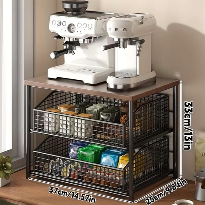 Kitchen Countertop Organizer with Drawer & Wire Basket, 3-Layer Fruit Storage Basket Snack Rack Hardwood, Desktop Pull-Out Metal Organizers for Coffee Maker Microwave Toaster & Spices (3-Layer Black)