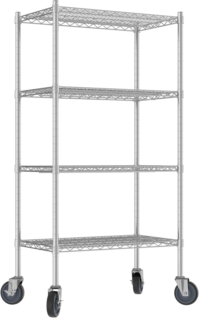 Commercial NSF Listed Chrome Mobile Wire Shelving Kit 18" x 30" x 60", with 4 Shelves Perfect for Warehouse, Walk-in Refrigerator, Freezer, Grocery Store, Restaurant, Dishroom