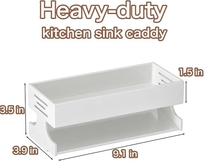 BREIS Sponge Holder for Kitchen Sink, Caddy Organizer with Rag Holder, Countertop Self-Draining Sponge Caddy, Rustproof Sink Storage Rack for Soap Dispenser Storage Accessories (Heavy Duty-White)
