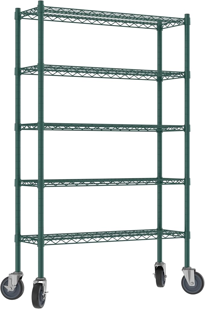 Commercial NSF Listed Green Epoxy Mobile Wire Shelving Kit 12" x 36" x 60", with 5 Shelves Perfect for Warehouse, Walk-in Refrigerator, Freezer, Grocery Store, Restaurant, Dishroom