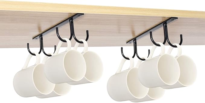 MOCOUM Under Cabinet Mug Rack, Rustic Mug Organizer Rack Cup Holder Under Shelf Hanging Hooks Rack for Mugs, Coffee Cups and Kitchen Utensils Display (Black-2 Pack-8 Hooks)