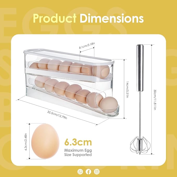 Sylphide Auto Rolling Fridge Egg Organizer, Space Saving Eggs Dispenser for Refrigerator Storager, Home Egg Holder, Includes Stainless Steel Egg Whisk