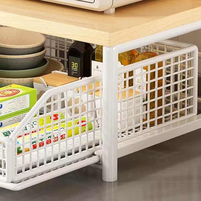 Kitchen Countertop Organizer with Drawer & Wire Basket, 3-Layer Fruit Storage Basket Snack Rack Hardwood, Desktop Pull-Out Metal Organizers for Coffee Maker Microwave Toaster & Spices (2-Layer White)
