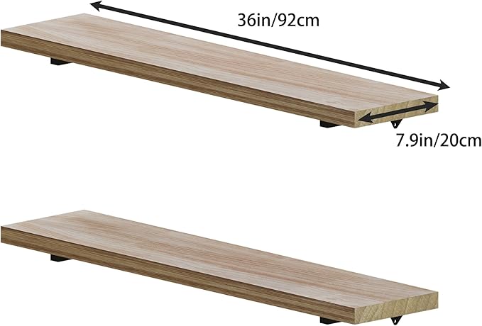 36 inch Long Wall Shelves Set of 2, Rustic Wood Long Floating Shelves, Large Wall Mounted Shelves with Metal Brackets, Farmhouse Bookshelf for Living Room, Bedroom, Bathroom (36 inch 2 Tier)