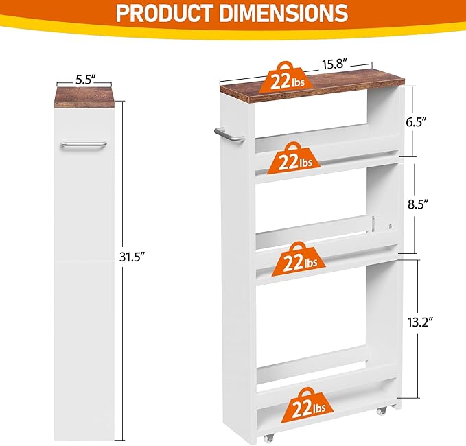 SUPER DEAL 4 Tier White Slim Storage Cart with Wheel & Handle, Slide Out Storage Rolling Utility Cart Mobile Shelving Unit Organizer Trolley for Kitchen Bathroom Laundry Narrow Places, White