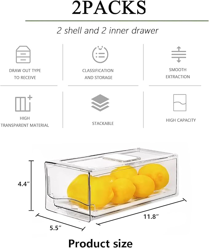 2 Pack Fruit Storage Containers for Fridge with Drain Board, Stackable Refrigerator Organizers and Storage,Reusable Food Storage Containers,Fridge Organizer Drawer for Produce,Vegetable,BPA-Free