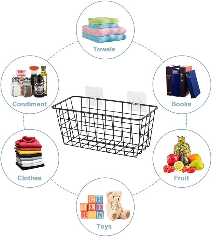 JUNCHU CHERRY 4 Pack Hanging Sorage Basket, Bathroom Basket, Household Goods, with Traceless Tape, no Drilling, for Cabinet Storage, Kitchen, Bathroom, Storage Room,Black