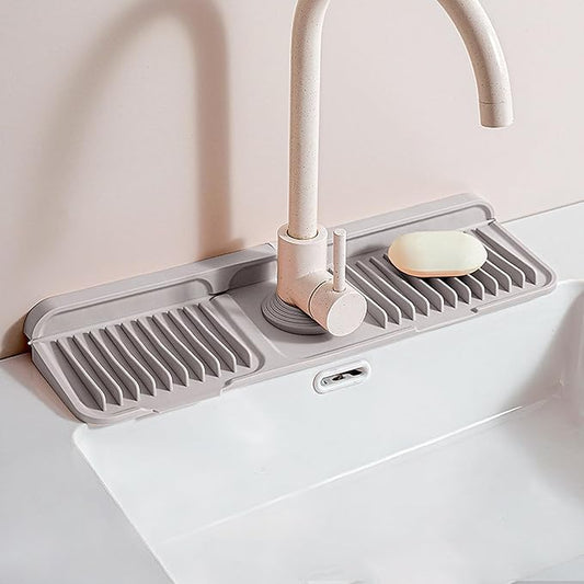 Longer Silicone Faucet Mat for Kitchen Sink – Button Style Faucet Drip Catcher & Leak-Proof Sink Splash Guard with 6° Slope, Behind Faucet Draining Mat,Gadgets for Bathroom (light grey, small)
