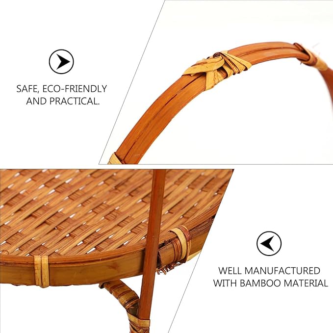 Woven Bamboo Basket Snack Stand Fruit Dessert Tray Organizer with Handle for Kitchen Countertop Storage and Home Party Display