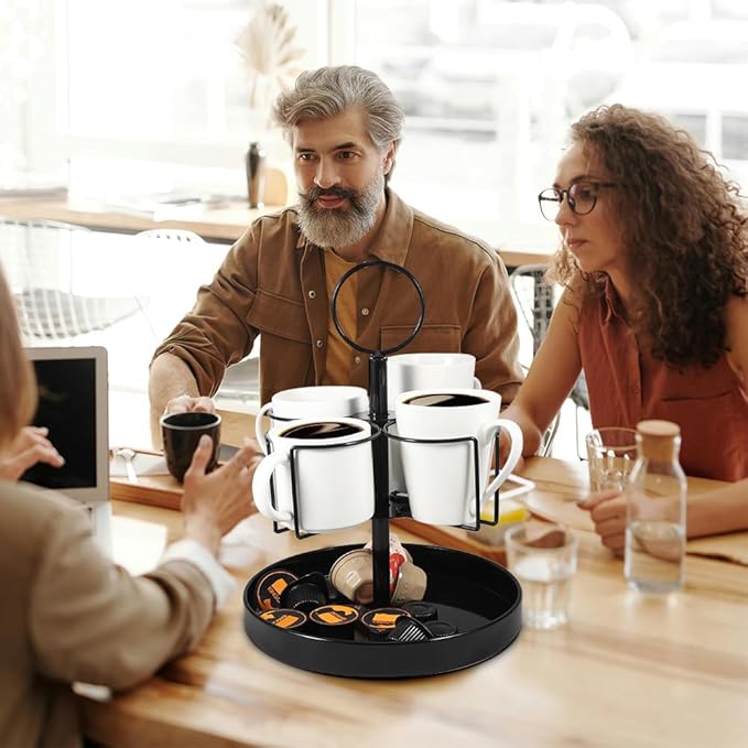 4 Mugs Stand Holder, Rotatable Metal Coffee & Beer Mug Rack with Tray Cups Drink Stand for Parties Countertop