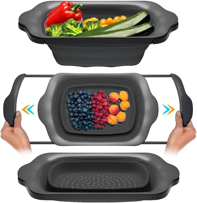 Comfify Over-the-Sink Colander with Handles – Sleek Plastic Black Kitchen Strainer for Pasta, Vegetables & Fruits – Space-Saving Design – 17.1" x 10.1" x 1.4"