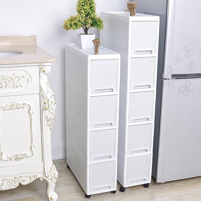 7in Narrow Slim Rolling Storage Cart, 5 Tier Kitchen Small Bathroom Storage Cabinet Beside Fridge Small Plastic Rolling Shelf with Drawers