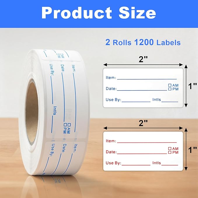 Sinoome 1200 Pieces Removable Food Labels Stickers, 2 Rolls 1x2 Inch Freezer Labels for Food Containers, No-Residue, Easy Clean, Waterproof & Oil-Resistant Food Storage Labels for Kitchen Restaurants