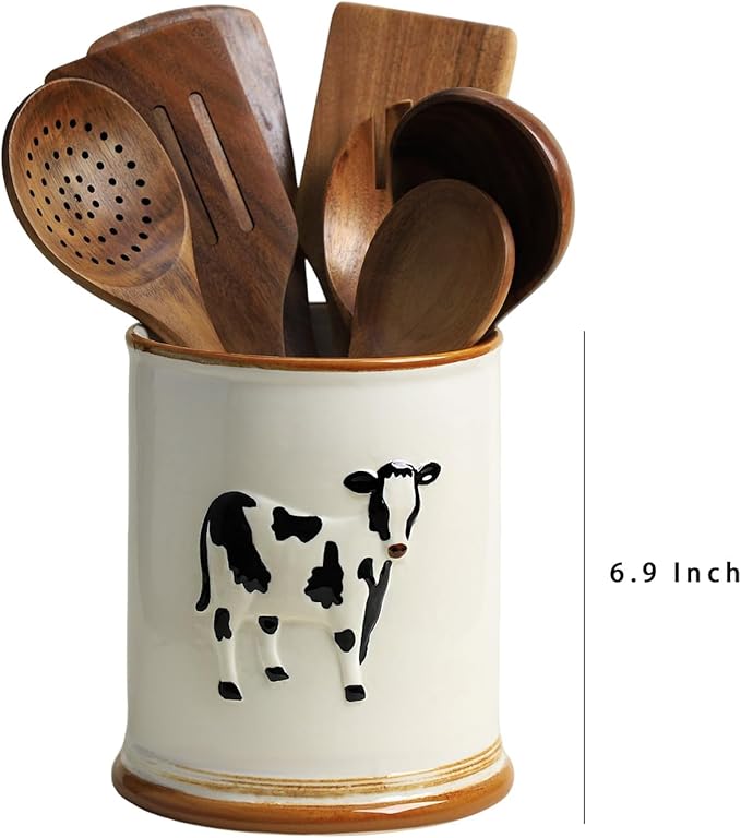 SOCOSY Ceramic Retro Cow Embossed Kitchen Utensil Holder For Countertop Large Cooking Utensil Crock Holder Spatula Holder