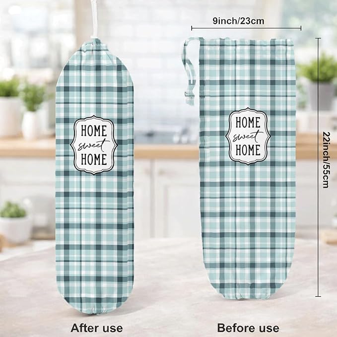 Plastic Bag Holder, Home Sweet Home Plastic Bag Holder for Kitchen Essentials, Grid Bags Holders for Plastics Bags Groceries Store, Reusable Hanging Trash Sack Dispenser