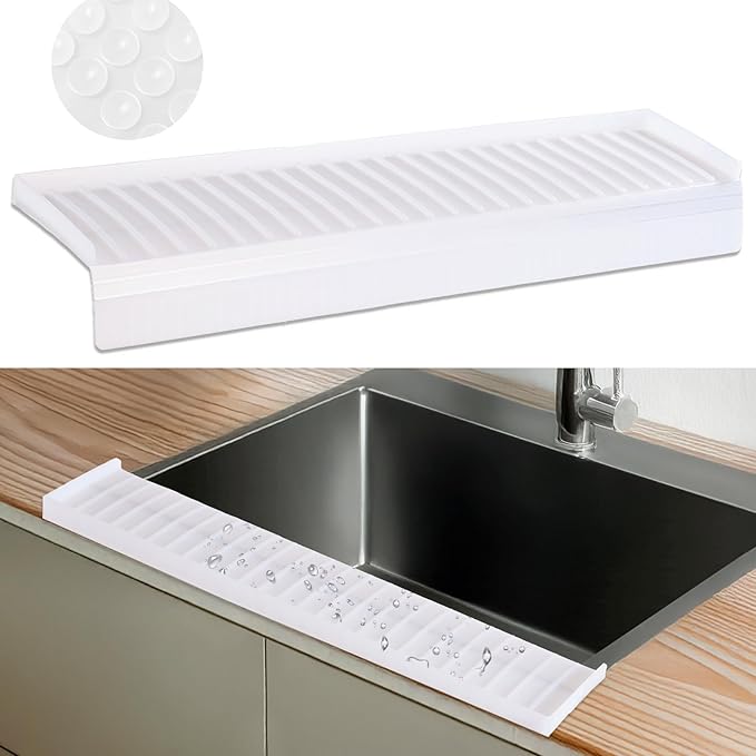 AyNirser Sink Edge Protector with Suction Cup 4"x14", Silicone Sink Splash Guard for Kitchen & Bathroom, Protect Countertop from Scratches, Stains, for Stainless Steel Granite Quartz-Clear