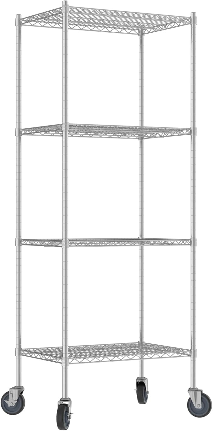 Commercial NSF Listed Chrome Mobile Wire Shelving Kit 21" x 30" x 80", with 4 Shelves Perfect for Warehouse, Walk-in Refrigerator, Freezer, Grocery Store, Restaurant, Dishroom