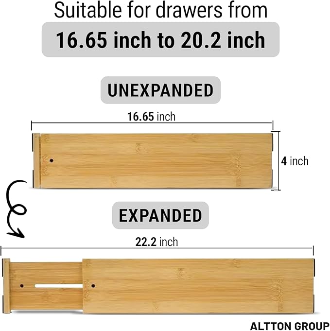 4"" High Drawer Dividers Bamboo Organization Expandable Organizers for Kitchen Bedroom Bathroom Dresser Office 4-pack, natural