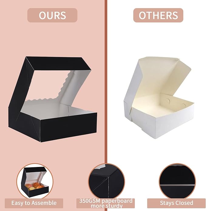 36 pcs 9x9x2.5 Inches Bakery Boxes with Window, Cake Pastry Cookie Mini Pie Box for Pastry,Dessert,Strawberries,Chocolates box (Black)