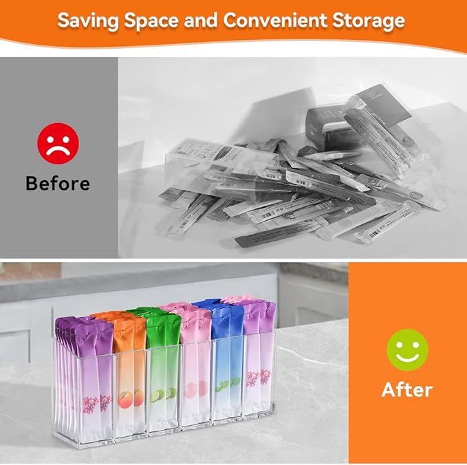 Drink Packet Organizer,Water Drink Packet Holder with Removable Divider,6 Compartment Water Flavor Packet Storage with Soft Magnetic&Adhesive Sticker for Kitchen Pantry Cabinet Fridge