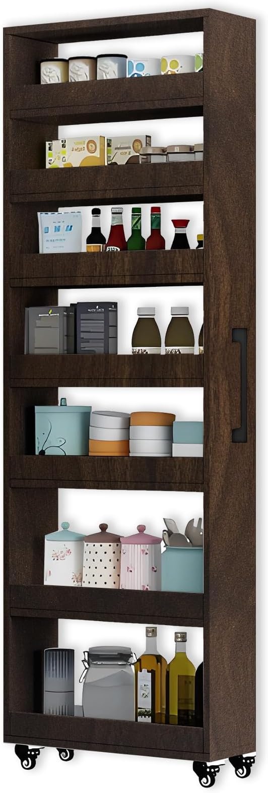 7-Tier Slim Rolling Storage Cart, Wooden Narrow Pantry Cabinet with Wheels, Tall Space-Saving Shelf Organizer for Kitchen, Laundry, Bathroom (Dark Brown, 73.2" H*7.8" W*19.6" D)