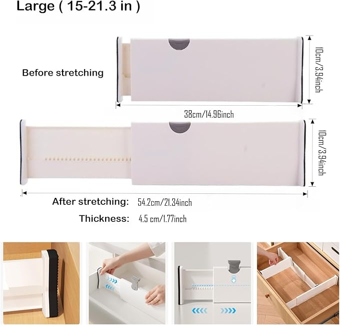 Adjustable Drawer Dividers 3-Pack Expandable Organizers with Non-Slip Pads for Kitchen Bathroom Dresser Vanity Desk Office Easy Install (White,Large(15-21.3 in))