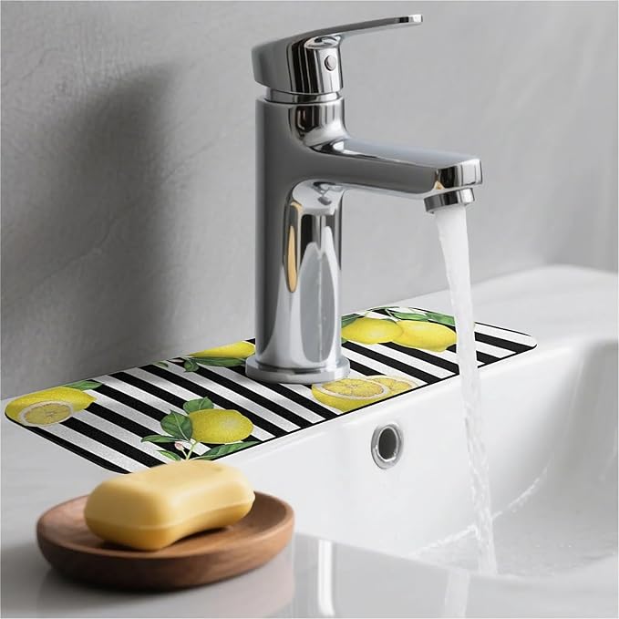 Kitchen Sink Splash Guard，Lemon and stripes Faucet Mat Sink Gadgets-Super Absorbent Fast Drying Mat Drip Catcher for Kitchen, Bathroom,Sink Mat, Dish Drying Mat, Bathroom(15" X 5.5" )