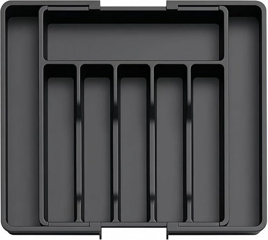 Expandable Large Silverware Tray For Drawer Organizer, Kitchen Cooking Utensil Drawer Organizer For Spoons Forks Knives, Adjustable Cutlery Flatware Holder 13"-22.4" X 14.7" X 2" (Black)