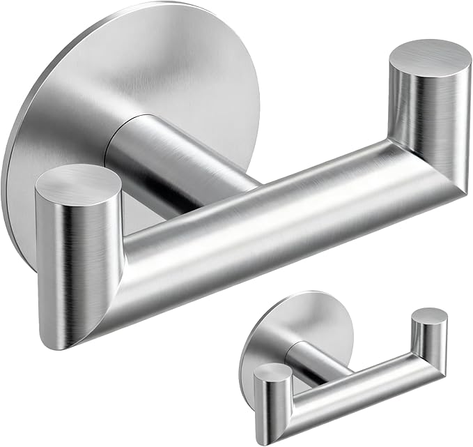 GWAAZXGZ 2 Pack Brushed Nickel Bathroom Hooks for Towels - Self Adhesive Double Hooks for Wall, No Drilling, Stainless Steel 304, Strong Hold for Robes, Coats, Shower Use