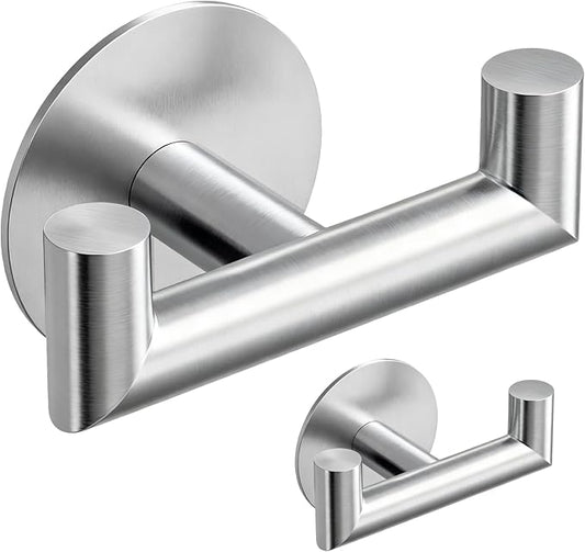 GWAAZXGZ 2 Pack Brushed Nickel Bathroom Hooks for Towels - Self Adhesive Double Hooks for Wall, No Drilling, Stainless Steel 304, Strong Hold for Robes, Coats, Shower Use