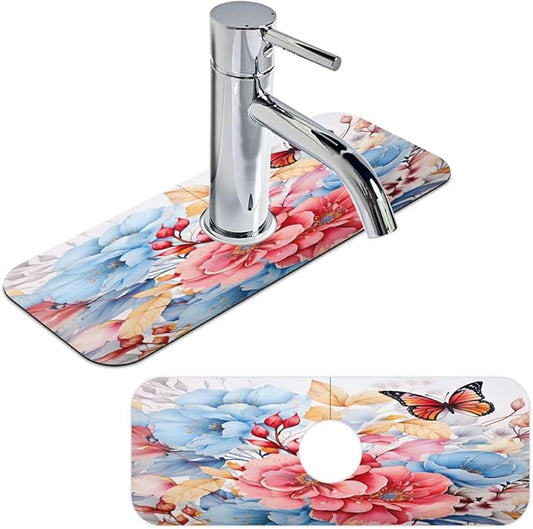 Pastel Flower Fusion Kitchen Faucet Mat Splash Guard, 15.4”x5.7” Absorbent Quick Drying Sink Mat for Countertop Protection, Draining Mat Sink Protectors For Kitchen Bathroom, 1 Pack