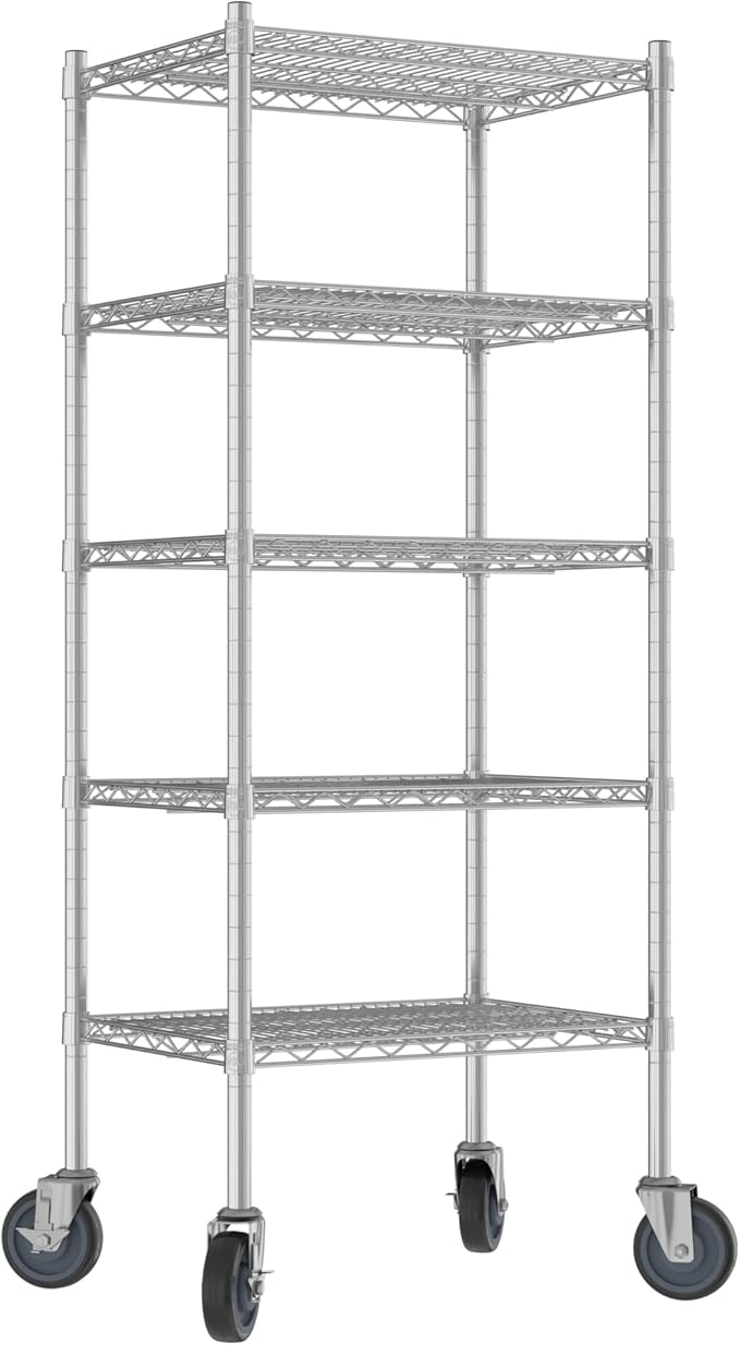 Commercial NSF Listed Chrome Mobile Wire Shelving Kit 18" x 24" x 60", with 5 Shelves Perfect for Warehouse, Walk-in Refrigerator, Freezer, Grocery Store, Restaurant, Dishroom