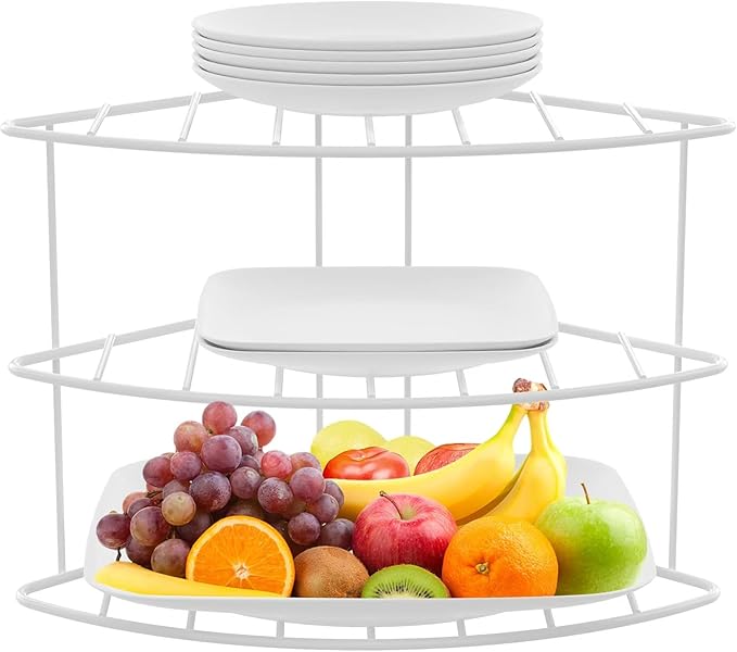 3-Tier Kitchen Details Corner Shelf Organizer | Cabinet & Countertop Storage | Plates | Cups | Bowls (2, White)