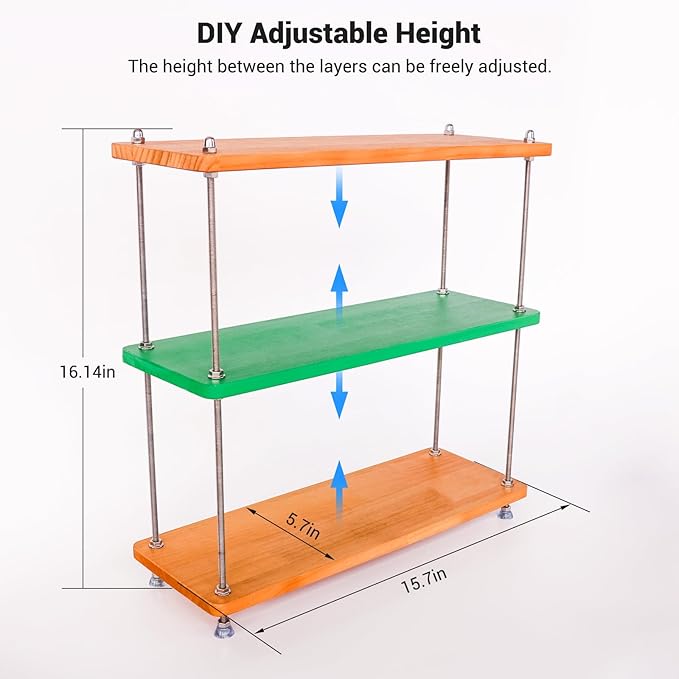 VINIUSIKI DIY Height-Adjustable 3 Tier Countertop Shelf Organizer, Kitchen Spice Rack for Countertop, Wood Coffee Counter Shelf Organizer for Home - 15.7"x5.7"x16.14" (LxWxH)