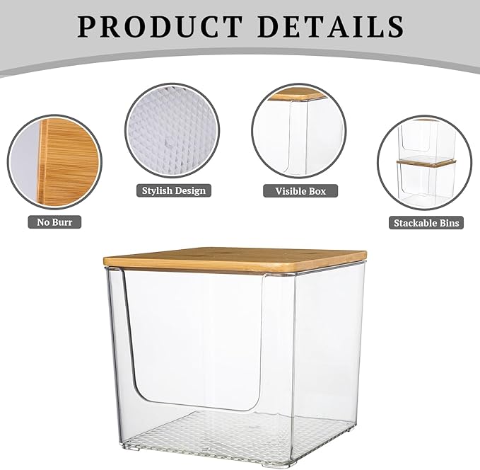 2 Pack Stackable Pantry Kitchen Counter Organizer, Food Storage Containers with Bamboo Lids, or Plastic Storage Bins for Onion, Patato, Snack, Vegetables, Face Towel (Clear)