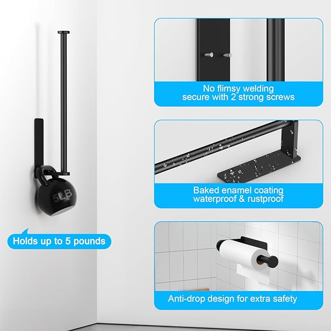 Black Paper Towel Holder Under Cabinet, Adhesive Under Counter Paper Towel Holder Wall Mount Towel Rack, No Drilling Toilet Paper Roll Holders for Kitchen Bathroom Fridge Pantry Garage RV Essentials