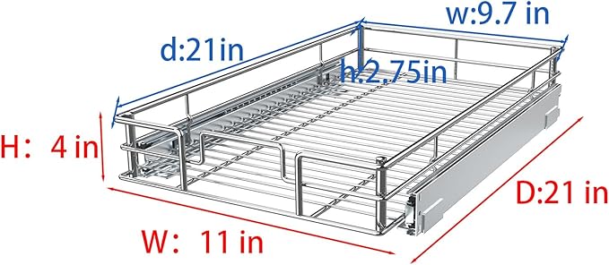 Pull Out Cabinet Organizer, (11" W x 21" D) Slide Out Kitchen Cabinet Storage Shelf and Drawer Organizer NEED 12" W and 22" D Cabinet, Chrome Finish