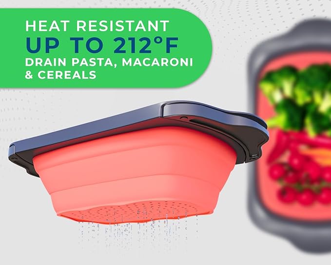 Comfify XL Large Kitchen Strainer - Collapsible Silicone Over-The-Sink Colander with Extendable Handles - Use with Pasta, Fruit, Berries & Veggie - 6 Quart - Coral