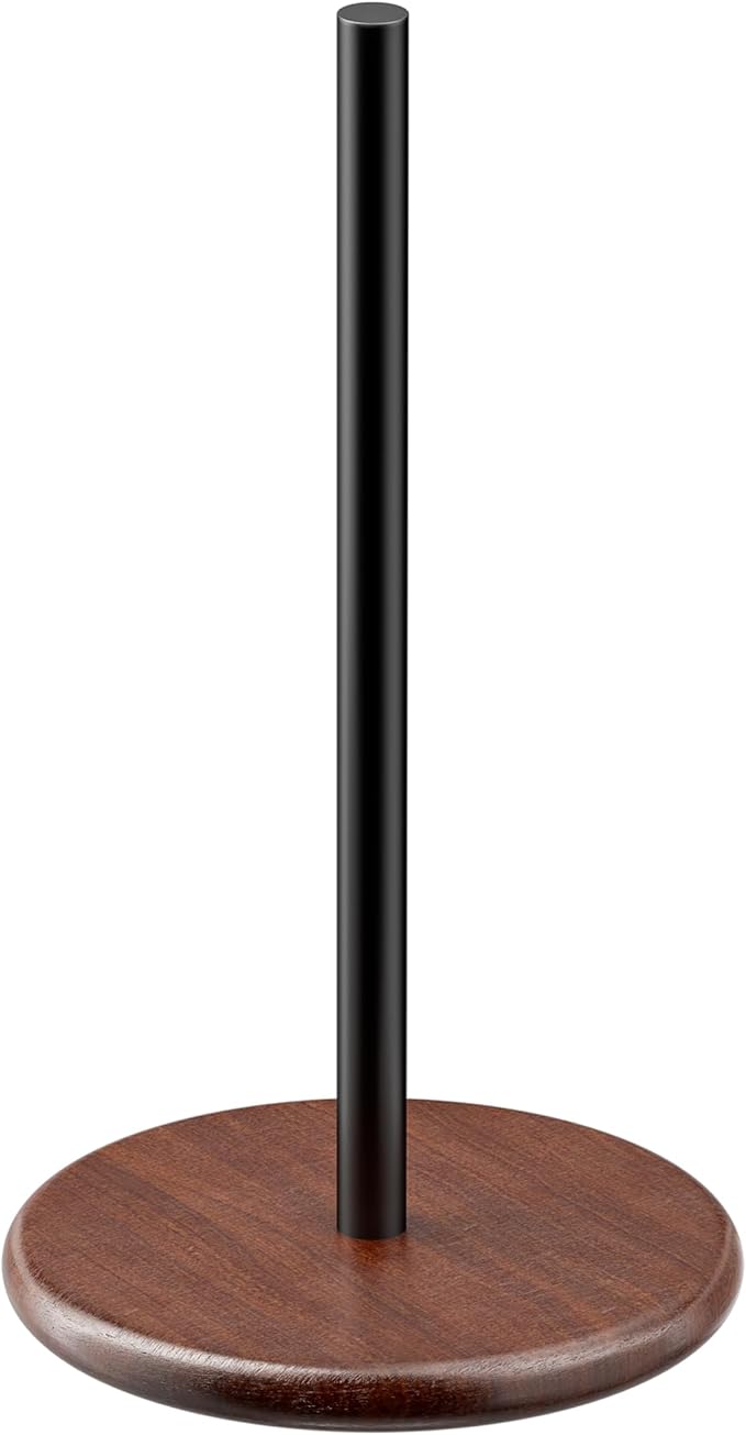 Paper Towel Holder with Wooden Base, Kitchen Countertop Paper Towel Stand, Brown Wood Base with Black Stainless Steel Post, Farmhouse Roll Dispenser.