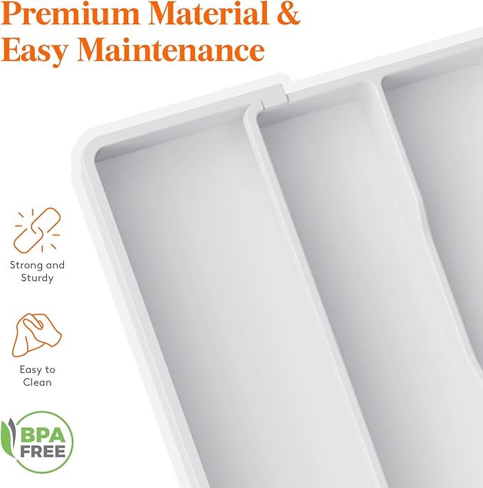 Lifewit Utensil Organizer for Kitchen Drawers, Expandable Cooking Utensil Tray, Adjustable Cutlery Silverware Flatware Holder, Plastic Spatula Tools and Gadgets Storage Divider, White, 13"-22" x 15"