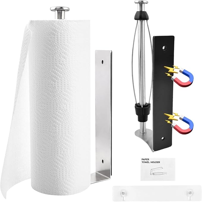 Magnetic Paper Towel Holder for Fridge, No Drill, One Hand Tear Paper Towel Holder with Ratchet Mechanism, Self-Adhesive & Wall Mount for Refrigerator, Kitchen, Garage, RV(Color:Silver)