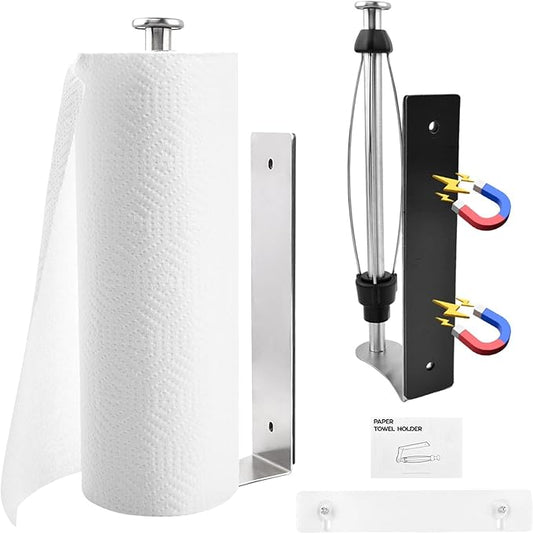 Magnetic Paper Towel Holder for Fridge, No Drill, One Hand Tear Paper Towel Holder with Ratchet Mechanism, Self-Adhesive & Wall Mount for Refrigerator, Kitchen, Garage, RV(Color:Silver)