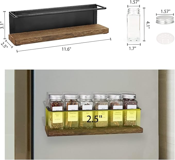 KitHero Magnetic Spice Rack Organizer with 12 Jars, 216 Labels, 1 Steel Funnel for Refrigerator，Microwave Oven - Full Set of Seasoning Organizer, Kitchen Gadgets