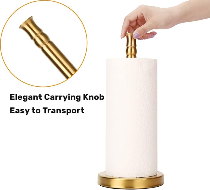 Gold Paper Towel Holder Stand Countertop with Heavy Weighted Stainless Steel Base, Free Standing Paper Towel Holder (Gold Brushed)