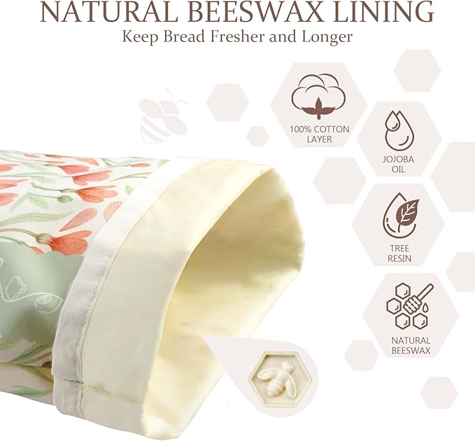 Bread Bags for Homemade Bread, 2 Pack Reusable Beeswax Linen Cotton Sourdough Bag, Freezer Safe, Large Loaf Storage Bags to Keep Fresh, Bakery Essentials
