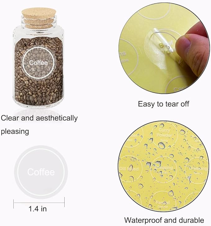 Spice Labels, 432Pcs Spice Labels Stickers 1.4in Waterproof Adhesive Round Preprinted Spice with Blank Label Tear Resistant Sticker for Kitchen Jars Caps Food Containers Organizers (Transparent)