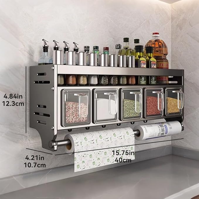 Update Spice Rack Wall Mounted with Hooks and Pole Hanging Seasoning Organizer Shelf Condiment Rack for Kitchen